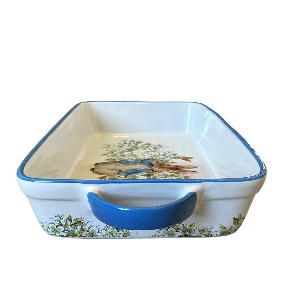 Beatrix Potter Peter Rabbit Rectangular Ceramic Baker Blue Rim Easter NEW