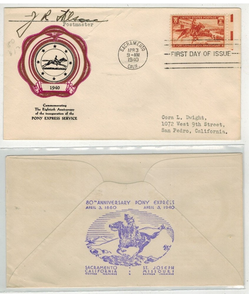 1940 PONY EXPRESS 894 FDC RICE CACHET SACRAMENTO CA POSTMASTER SIGNED