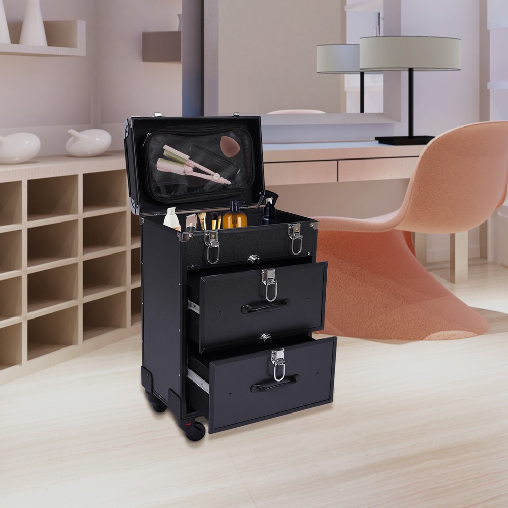 Rolling Makeup Train Case Cosmetic Professional Trolley Makeup Storage Organizer