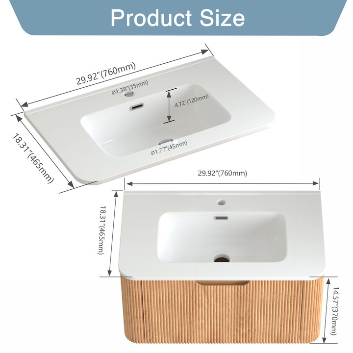30" Wall-Mounted Floating Solid Wood Bathroom Vanity Pre-Assembled Curved Edge