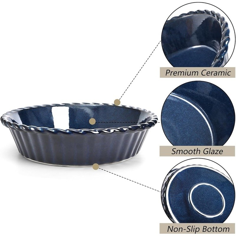 Ceramic Pie Pan Set 2 Pack Deep Blue Baking Dish Oven Safe Dishwasher Safe New