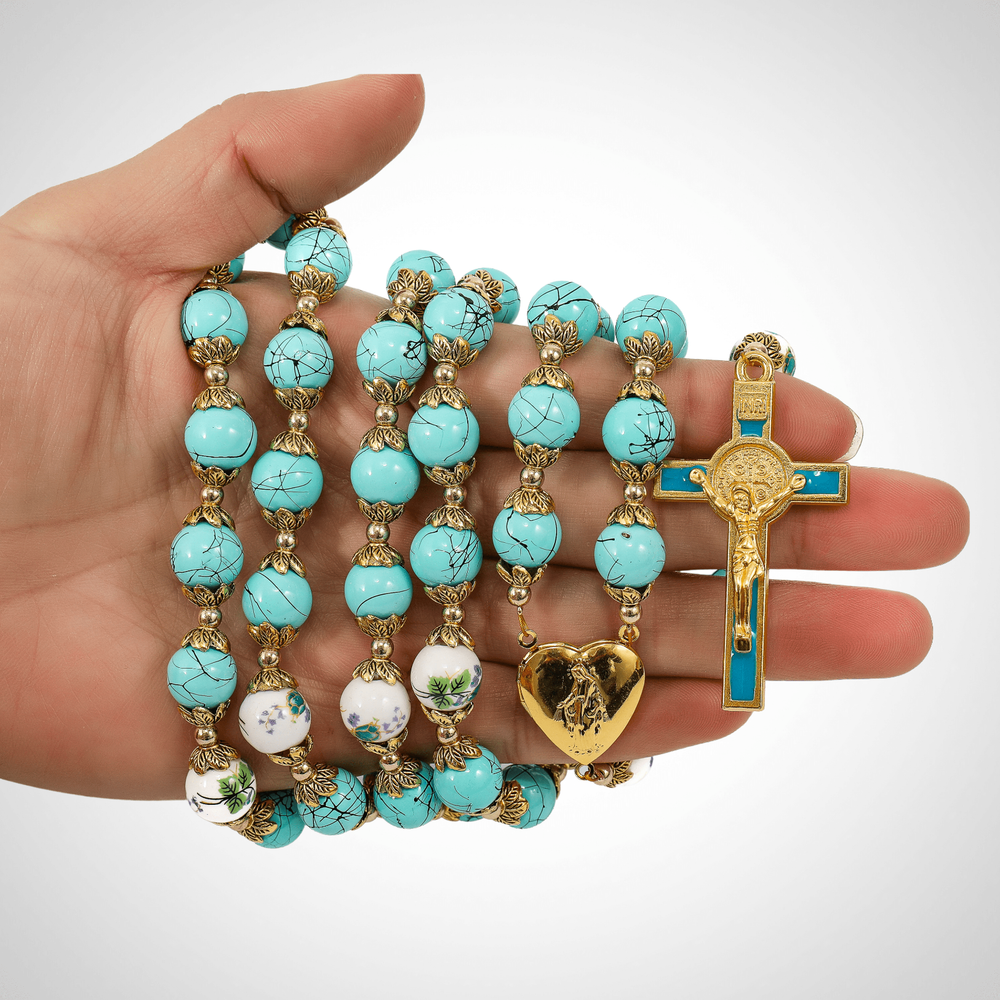 St. Benedict Turquoise Rosary Beads Catholic Necklace Flowers Mystery Beads