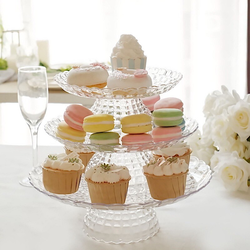 CLEAR 3 Plastic Stackable Pedestals Pressed Design CUPCAKE STANDS Set Party Home