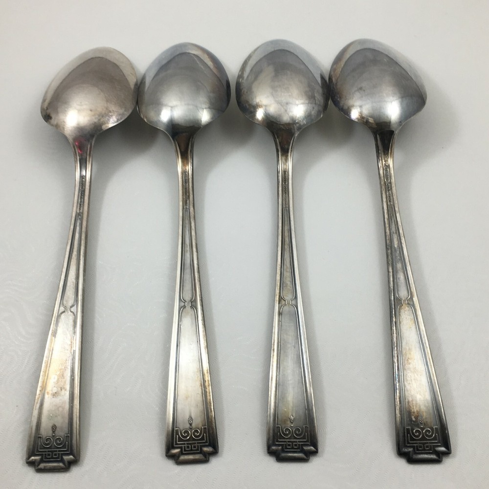 4 National Doric Plate Silverplate Flatware 7 7/8" Large Spoons