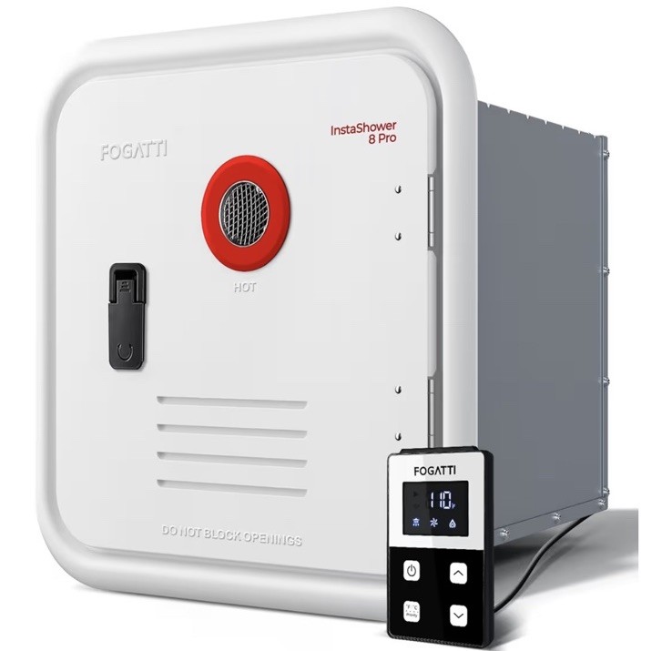 FOGATTI RV Tankless Water Heater, 15"×15" White Door and Remote Controller