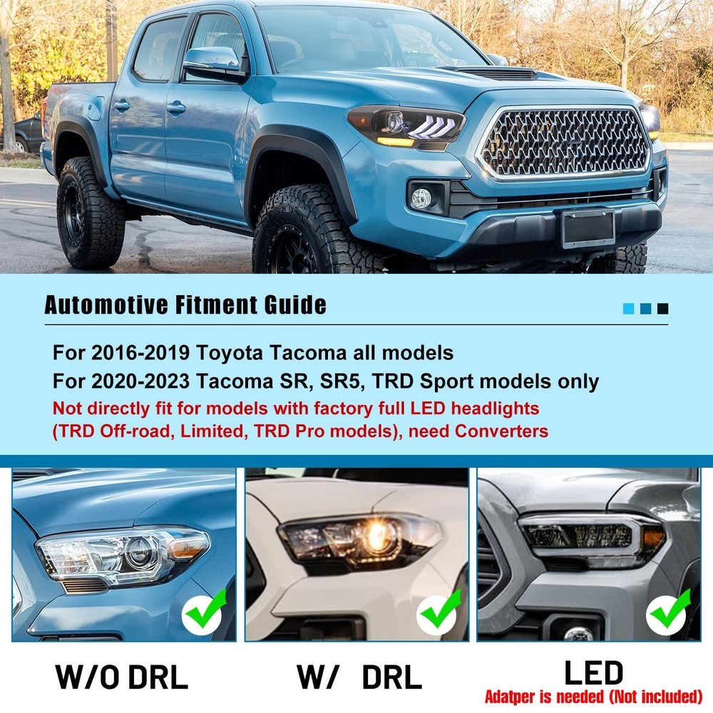 LED 车头灯适用于 2016 - 2023 塔科马 SR5 TRD 运动顺序 DRL 光面黑色