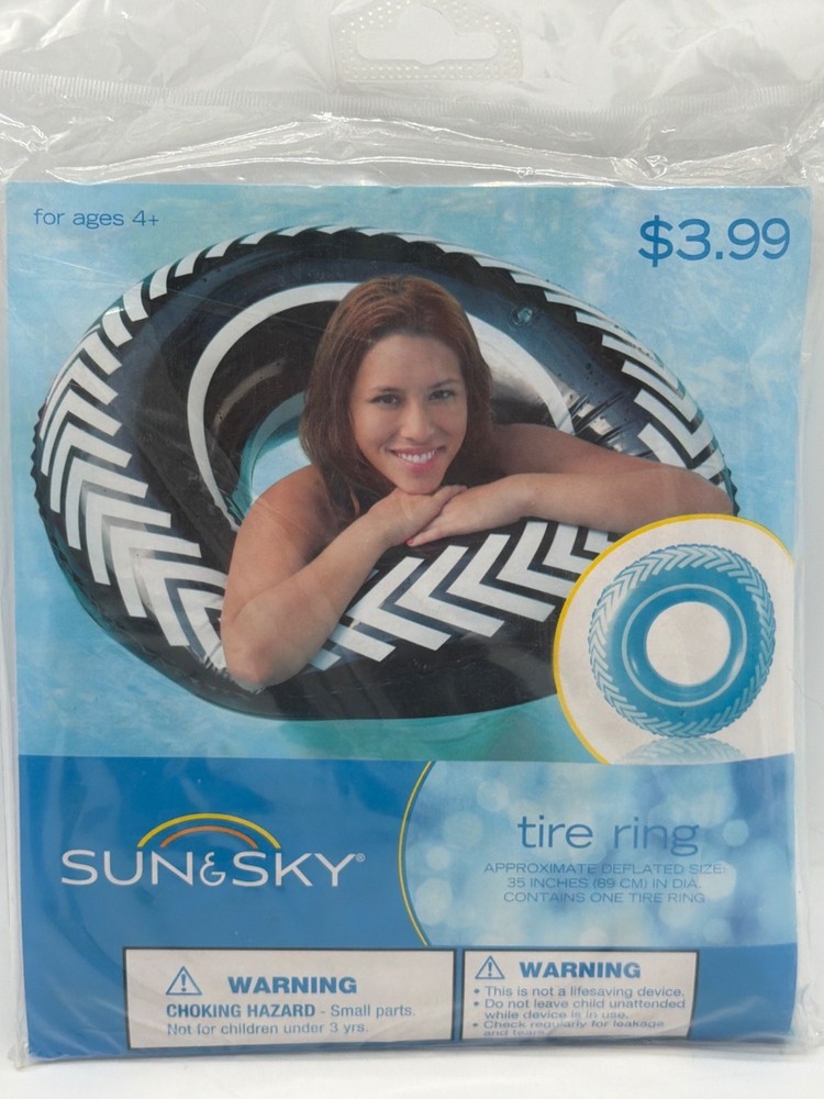 Sun & Sky Inflatable Tire Ring Float 35" Diameter Turquoise & White For Ages 4+