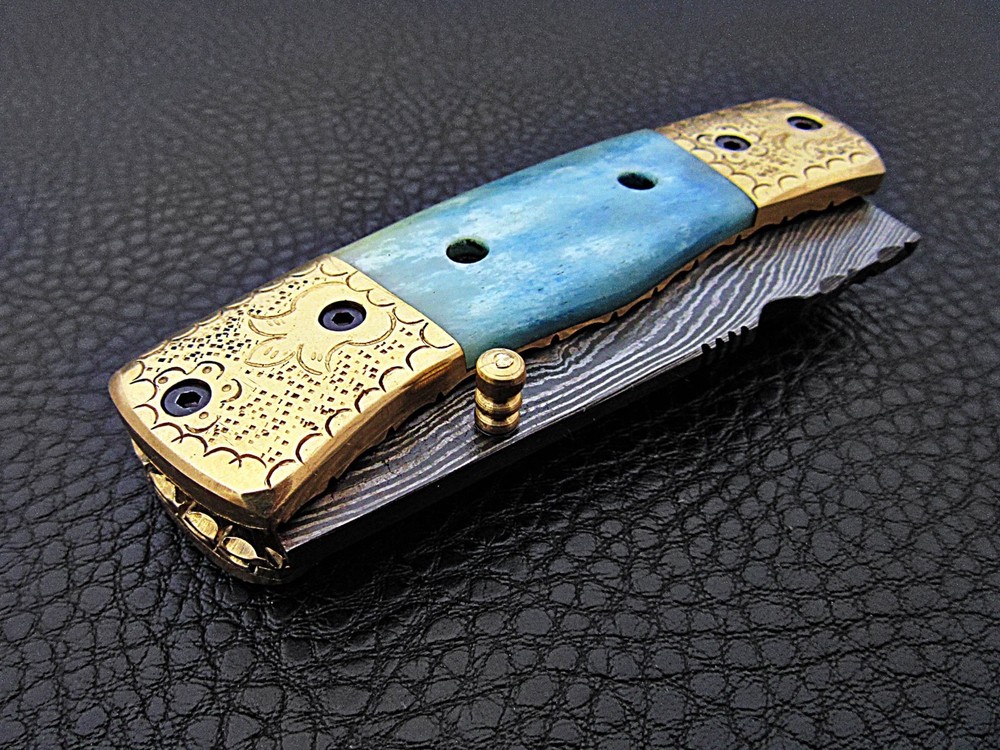 CUSTOM HAND CRAFTED ENGRAVED POCKET FOLDINGKNIFE SALE- BRASS COLORED BONE HANDLE
