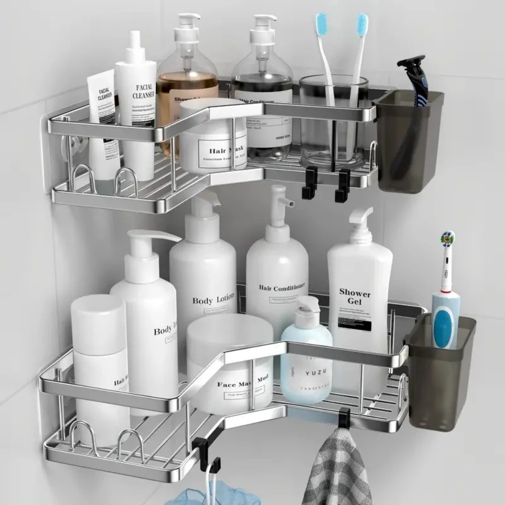 No - Drill Stainless Steel Corner Shelf, Double Layer, Space Saving Storage