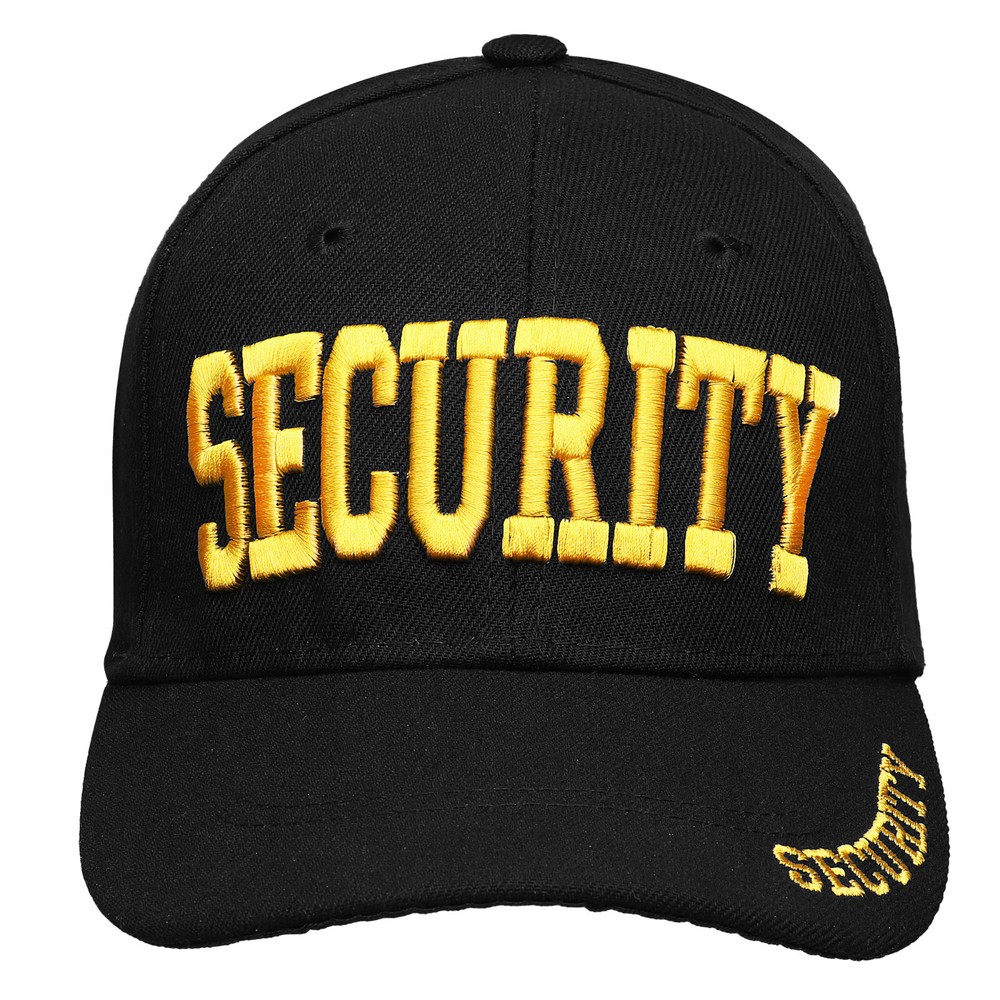 Security Hat Baseball Cap Gold White Embroidery Front Bill Back Adjustable Size
