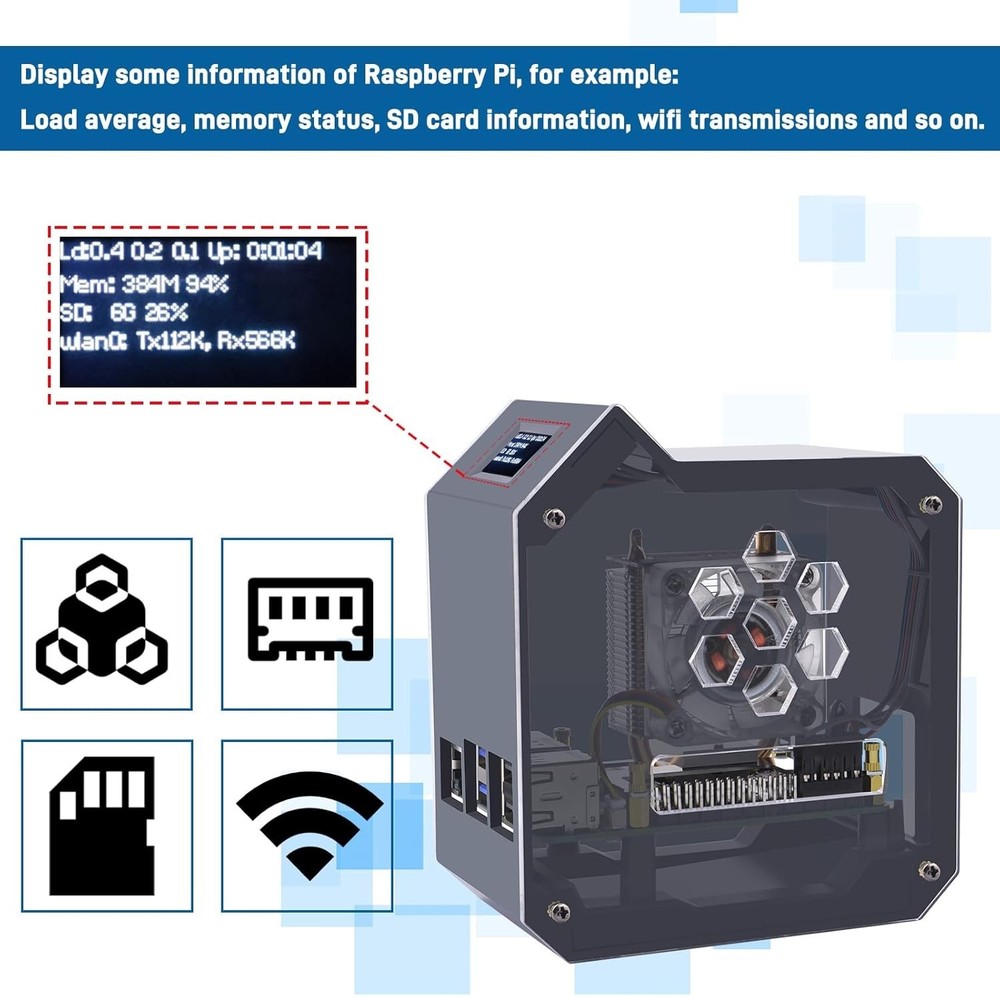 Mini Tower Kit for Raspberry Pi 5, Case with ICE Tower Cooler, 0.96'' OLED Mo...