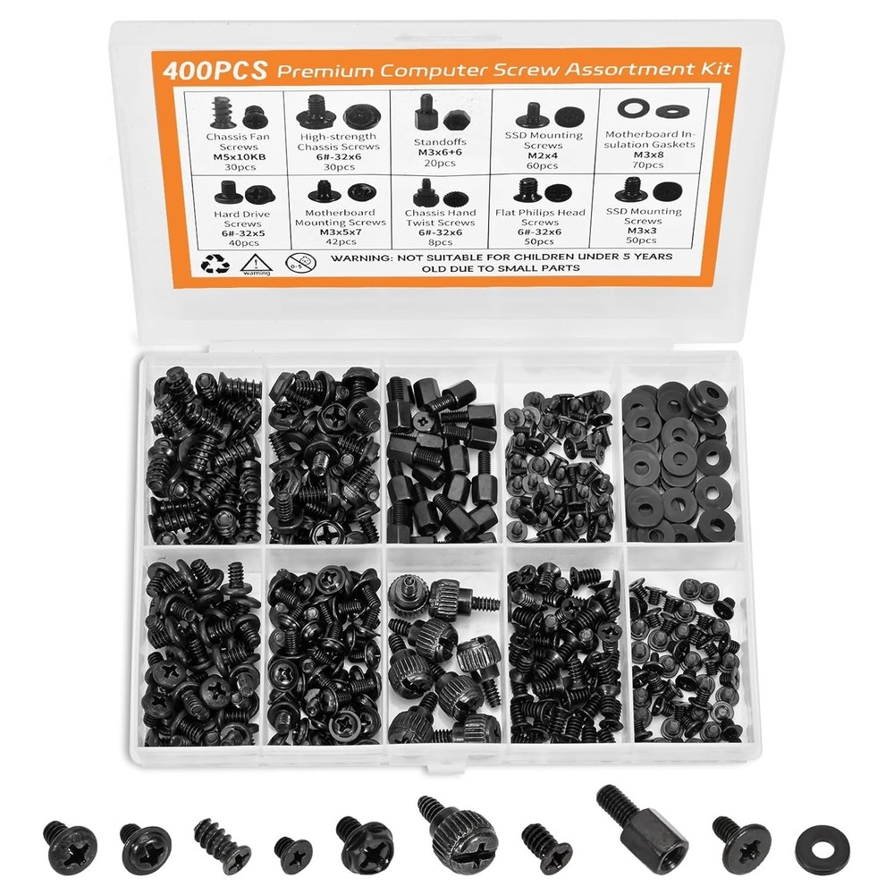 400Pcs Computer Screws Kit for PC, Includes Motherboard Screws, Standoffs, S...