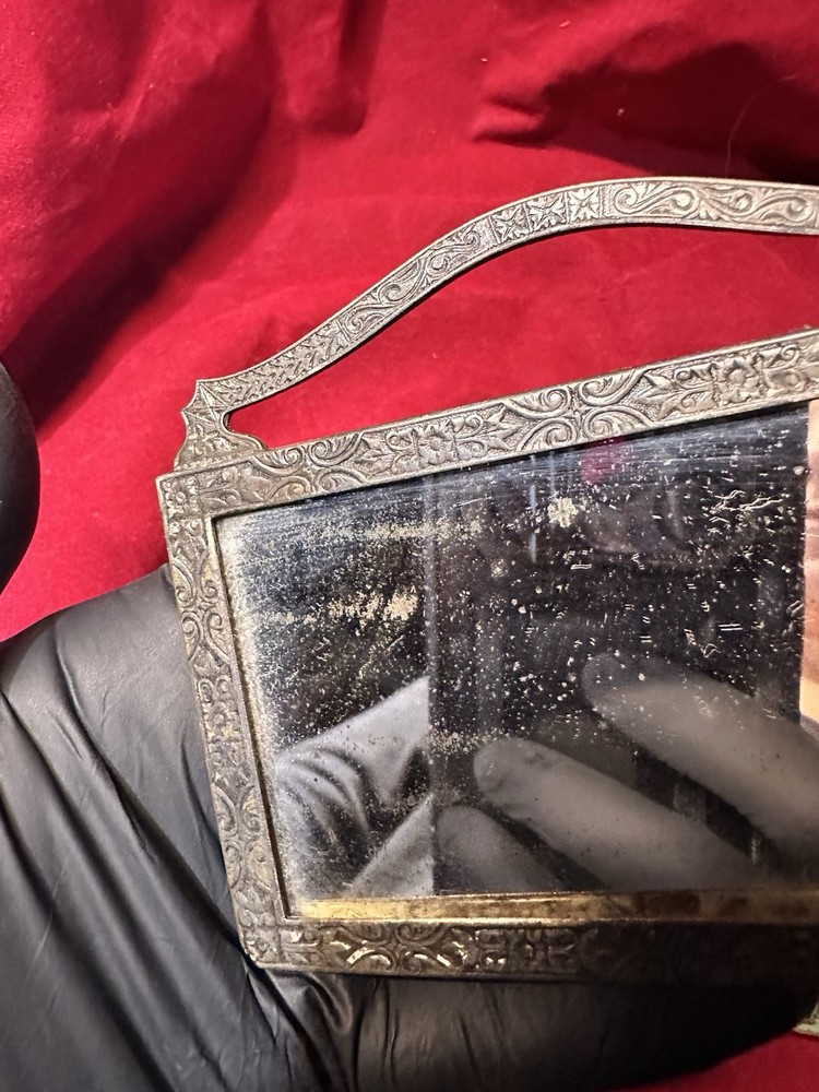 Antique Small Silver Plate ? Mirror For Purse Bag