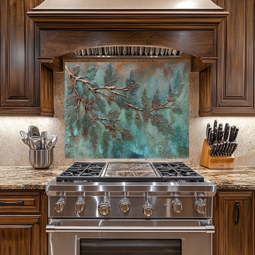 Green Rusted Copper Pine Tree Look Backsplash, Tempered Glass Kitchen Backsplash