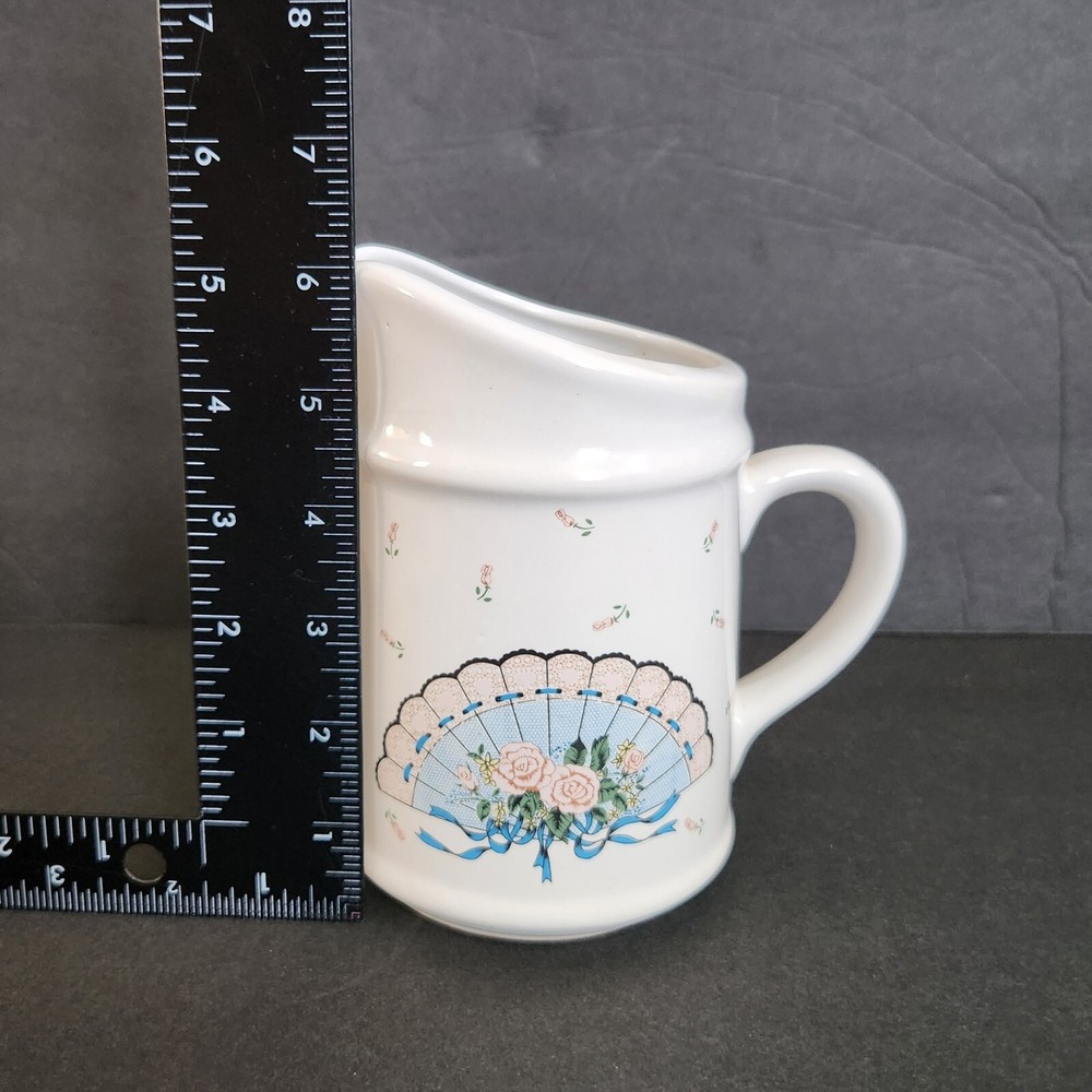 Vintage Ceramic Pitcher Vase Retro Fan Rose Pattern 6"