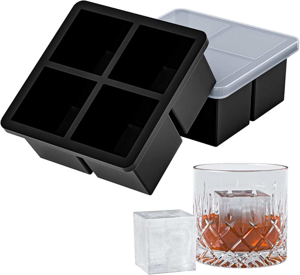 Large Ice Cube Tray Whiskey,Silicone Ice Cube Trays 2 Pack Large Ice Cube Molds