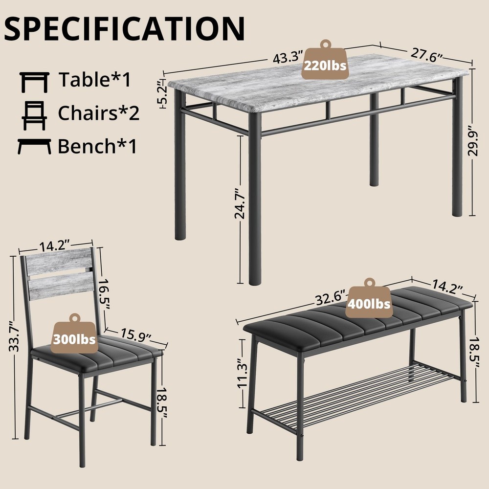 Dining Table Set for 4, Kitchen Table with Upholstered Bench and 2 Chairs, Ki...
