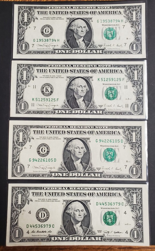$1 One Dollar Bill Federal Reserve Note, MISALIGNED Cutting / Printing Error 4pc