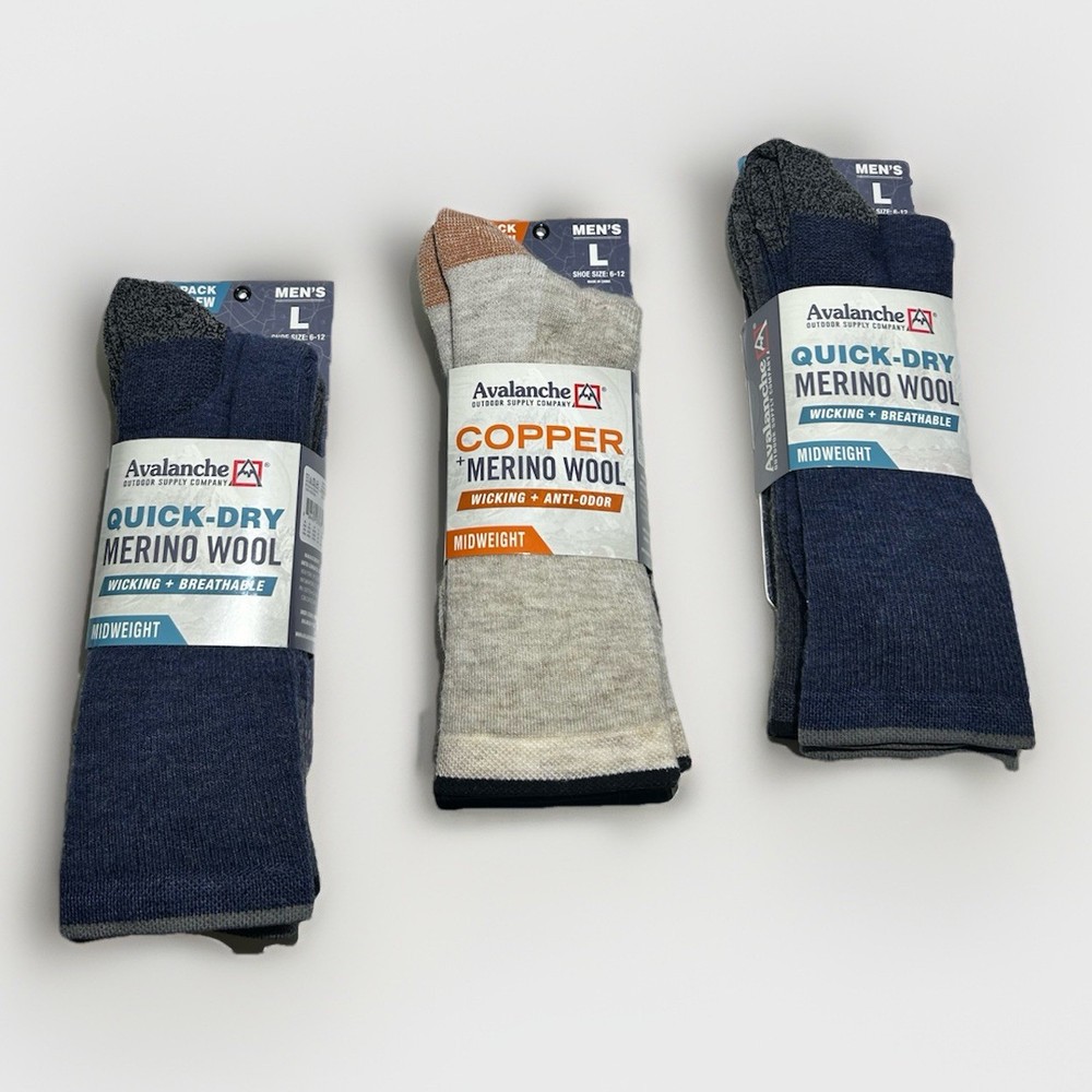 New Avalanche Men Copper Merino Wool 2 Pack Cushioned Crew Socks Sizes 6-12