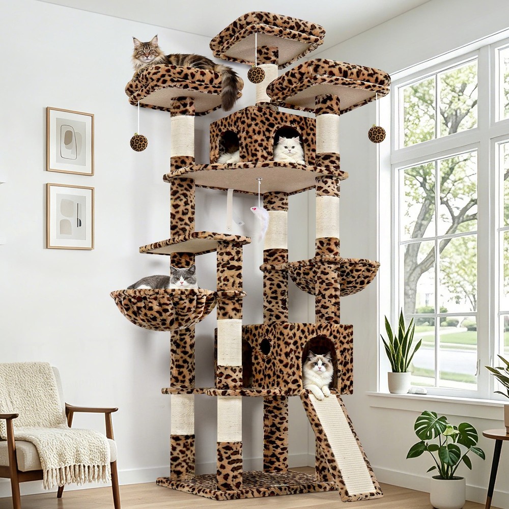 83" Large Cat Tree Tower Multi-Level Condo Scratching Post Hammock Leopard Print