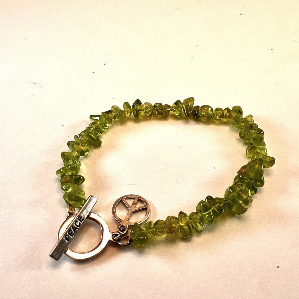 Peace Bracelet Peridot Chips Sterling Silver Peace Charm Toggle Clasp Stretch