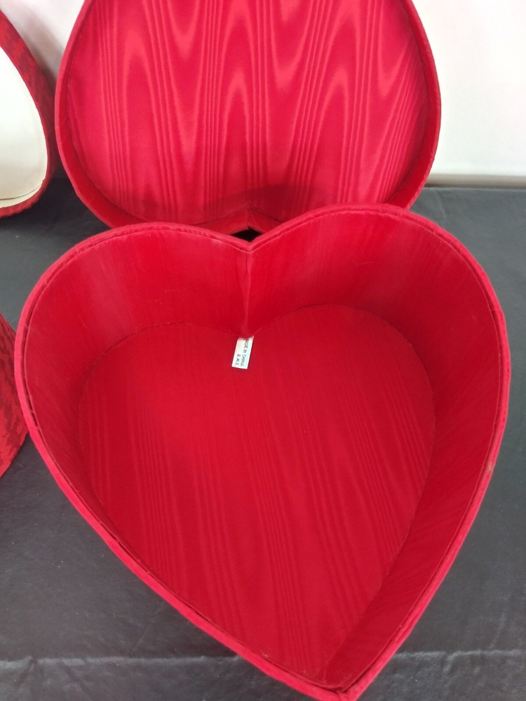 2 Red Fabric Covered Stacking Nesting Heart Boxes Satin Moire & Brocade Wedding