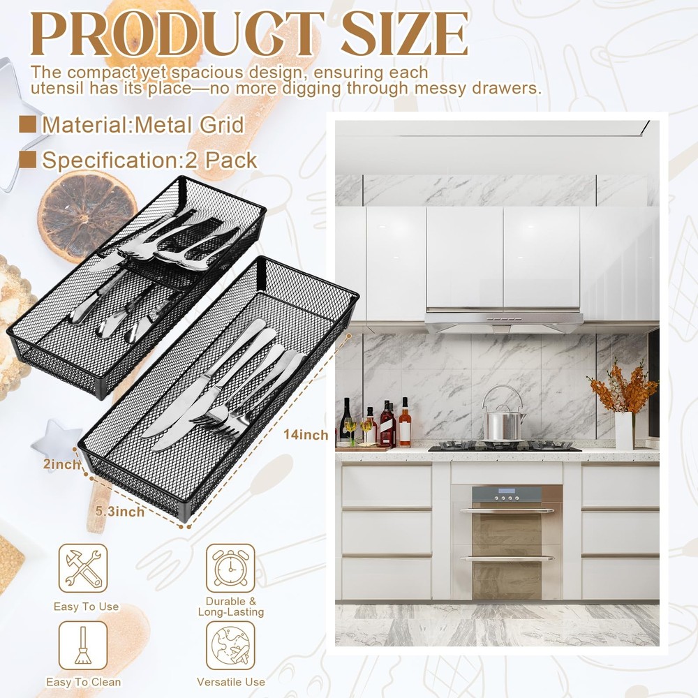 DOSTATNI 2 Pcs Mesh Silverware Drawer Organizer Cutlery Black