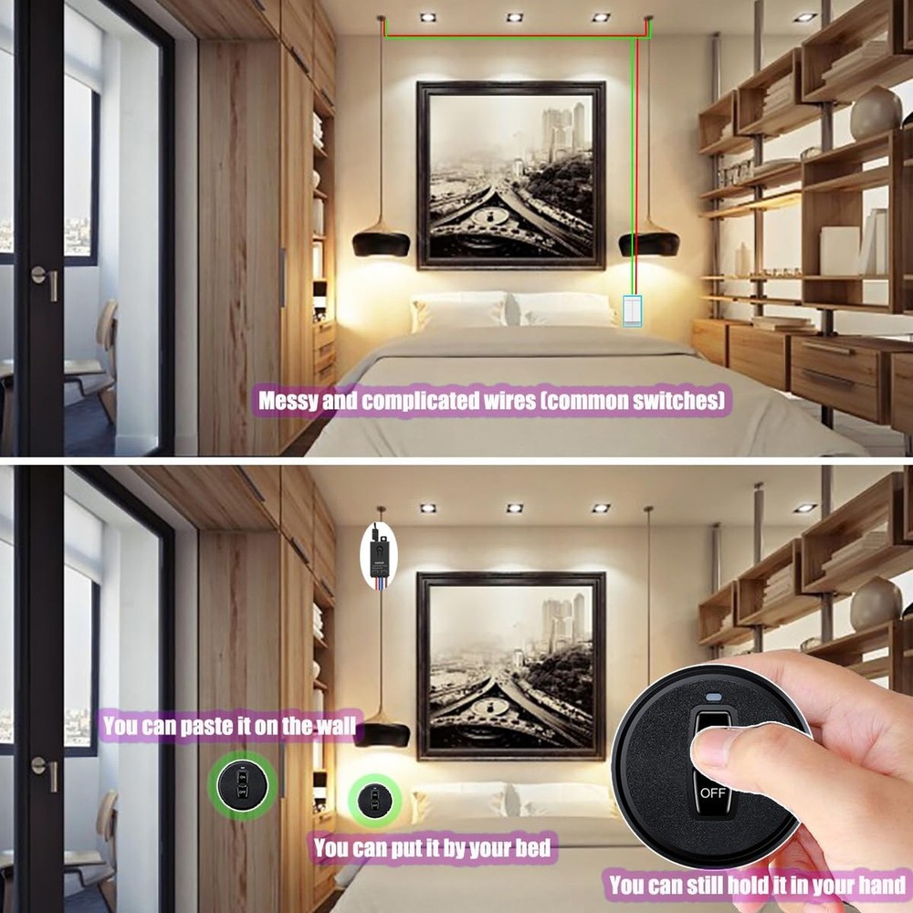Mini Wireless Light Switch and Receiver kit, No Wiring Mini Remote Switch, No...