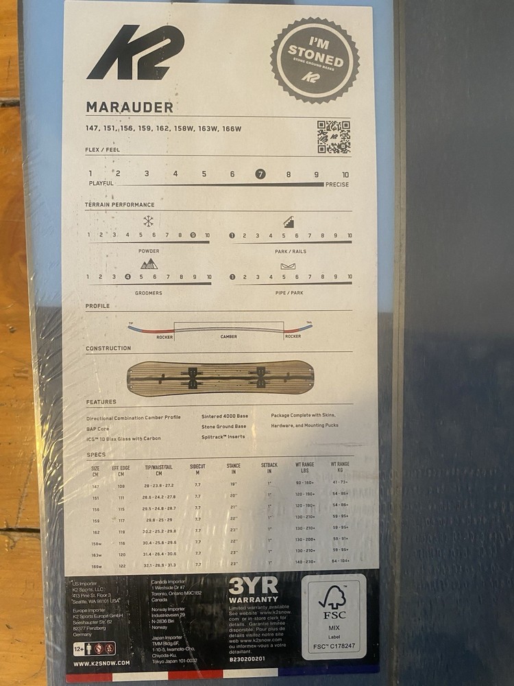 K2 Marauder Splitboard Snowboard 156 cm