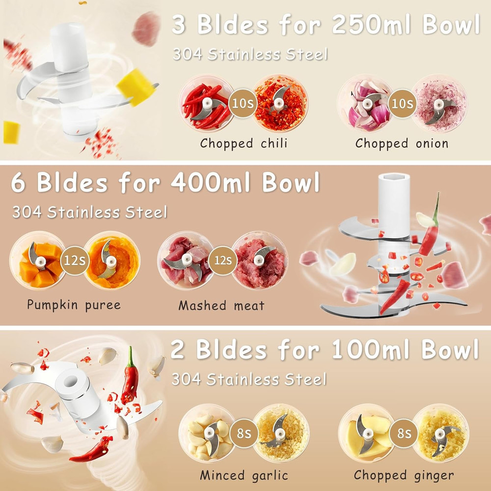 Mini Food Processor Cordless Set with Multiple 3*(400Ml+250Ml+100Ml)
