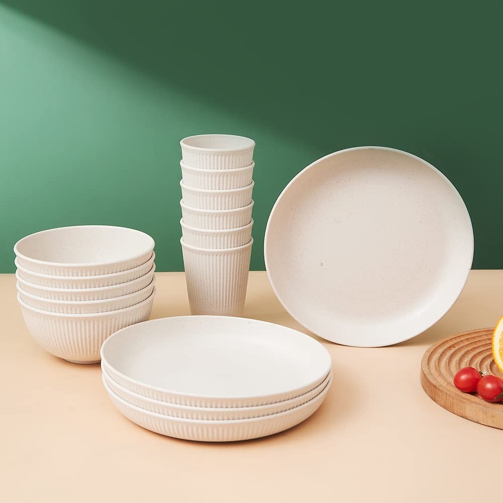 18pcs Wheat Straw Dinnerware Sets Unbreakable Reusable Dinnerware Set Kitchen...