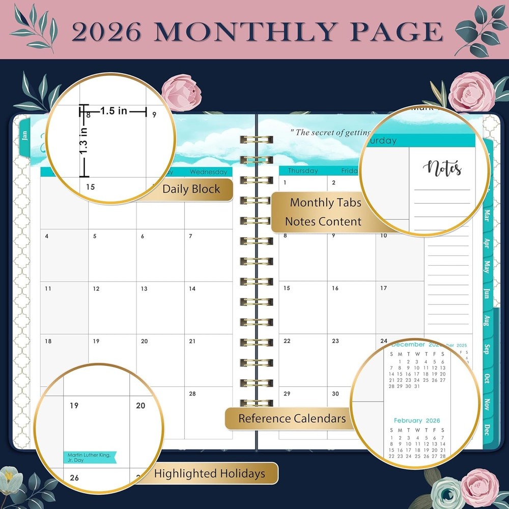 Portable Floral Planner 2026: Ample Writing Space with Elastic Closure Strap