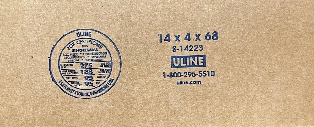 14" x 4" x 68" CARDBOARD BOX - 275 lb - SIDE LOADING - SNOWBOARD BOX