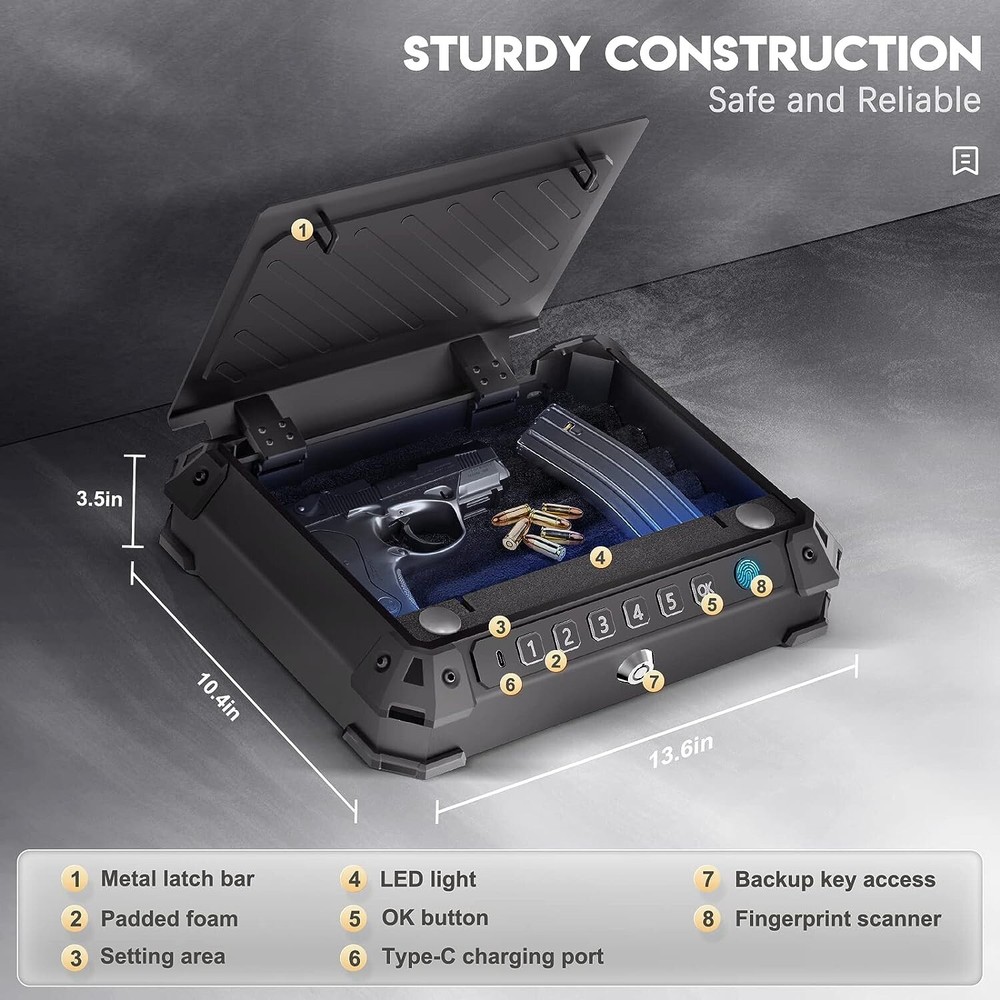 Biometric Gun Safe Pistols Firearm Security Fingerprint Smart Quick Access LED