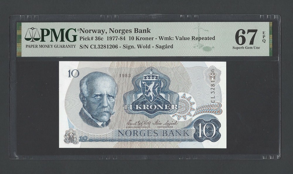 Norway 10 Kroner 1983 P36c Uncirculated Grade 67