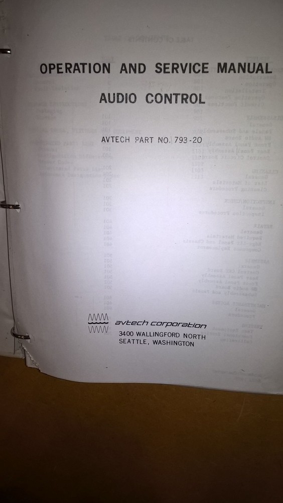 Avtech 793-20 Audio Control Operation service Overhaul manual