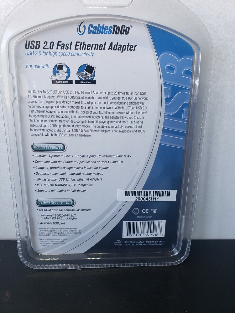 Cables To Go 39998 JETLAN USB 2.0 FAST ETHERNET ADAPTER