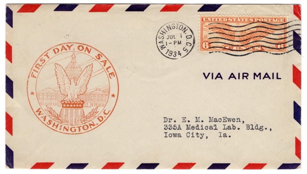 C19 Winged Globe 6c Airmail FDC 1934 - J.A. Roy