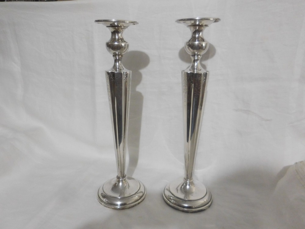 IMPRESSIVE PAIR STERLING SILVER CANDLESTICKS 15" ENGRAVED & FLUTED NO MONOGRAM