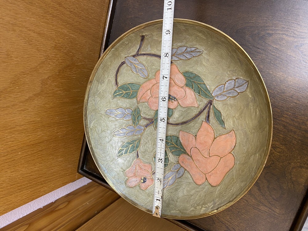 Brass Enamel Bowl Cloisonné Type ~ Floral Design 9 1/2”