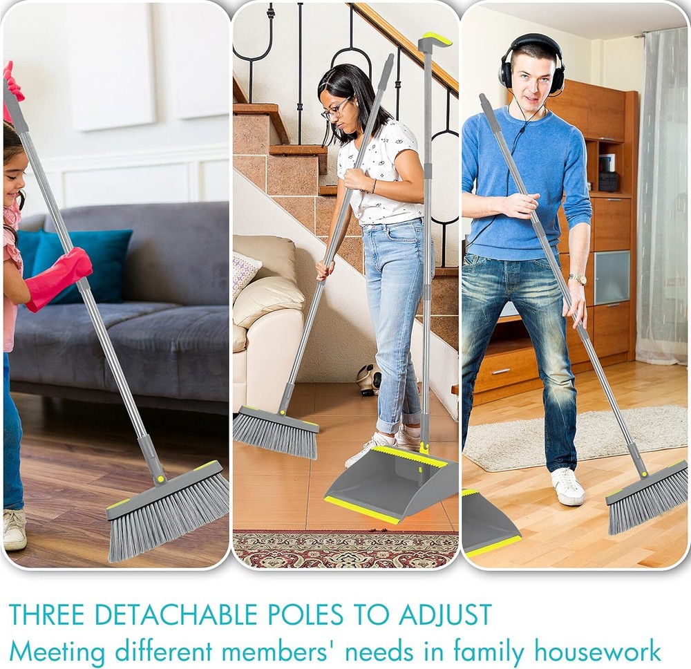 2-Piece Broom and Dustpan Combo Set, 48" Long Adjustable Handle Standing Dustpan