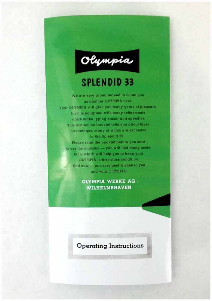 Olympia Splendid 33 Typewriter User Instruction Manual Guide