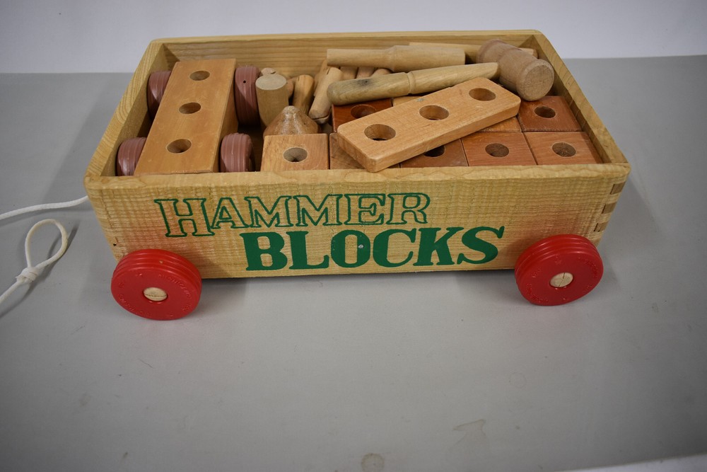 MICHIGANS TOY Wood Hammer Blocks In Wooden Pull Wagon