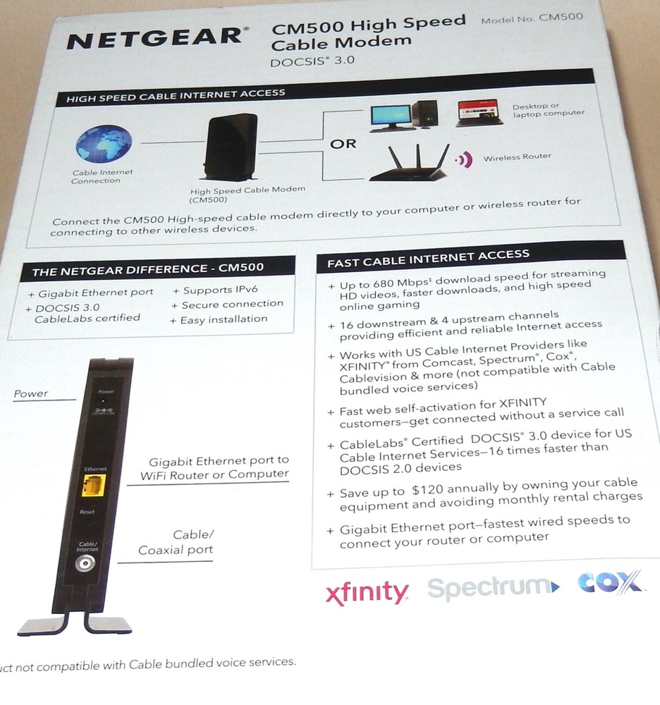 NETGEAR Cable Modem CM500, Compatible w/ Cable Providers Xfinity, Spectrum, Cox