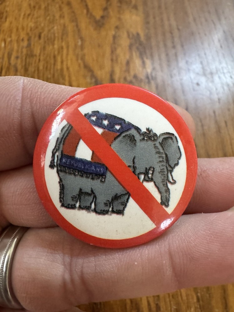 Anti Republican Elephant Pin pinback button ~ Red Slash.