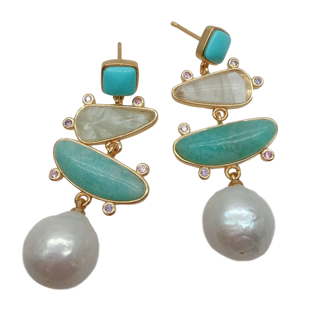 Freshwater White Pearl Blue Turquoise Green Amazonite Dangle Stud Earrings