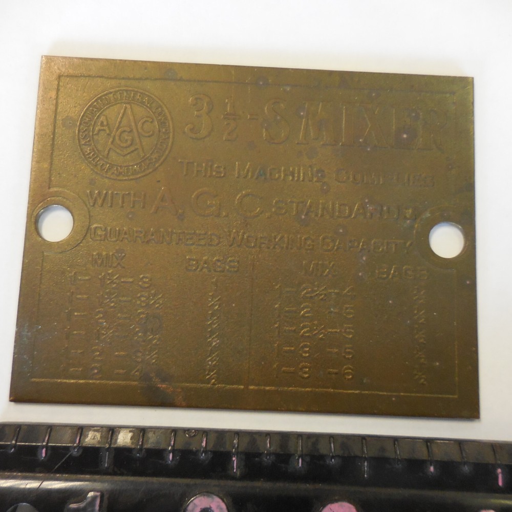 AGC 3 1/2 -SMIXER --CONCRETE MIXER BRASS PLATE