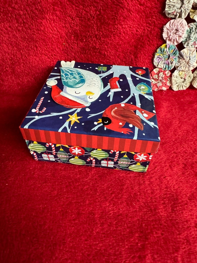 Cute Cardinal & Owl Christmas Scene Gift Storage Box