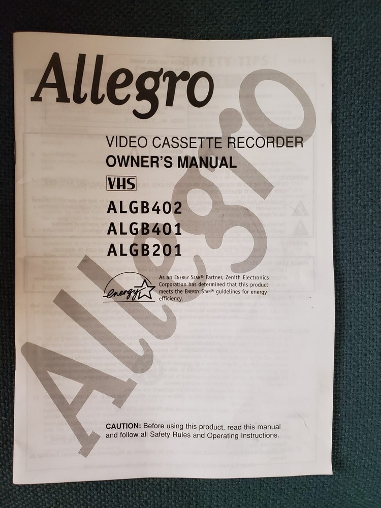 Allegro Video Cassette Recorder VHS Owner's Manual for ALGB402 ALGB401 ALGB201