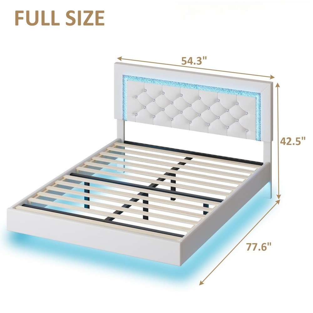 LED Floating Bed Frame Full Size Platform Bed w/ PU Upholstered Headboard Beige